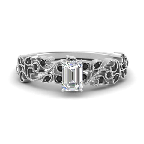 Emerald Cut Filigree Wide Band Engagement Ring