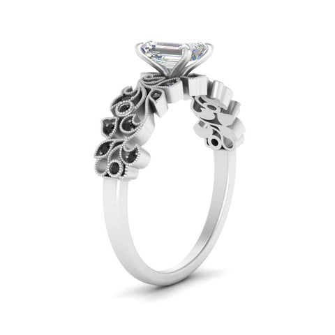 Emerald Cut Filigree Wide Band Engagement Ring