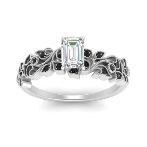 Emerald Cut Filigree Wide Band Engagement Ring