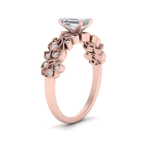 Emerald Cut Filigree Wide Band Engagement Ring