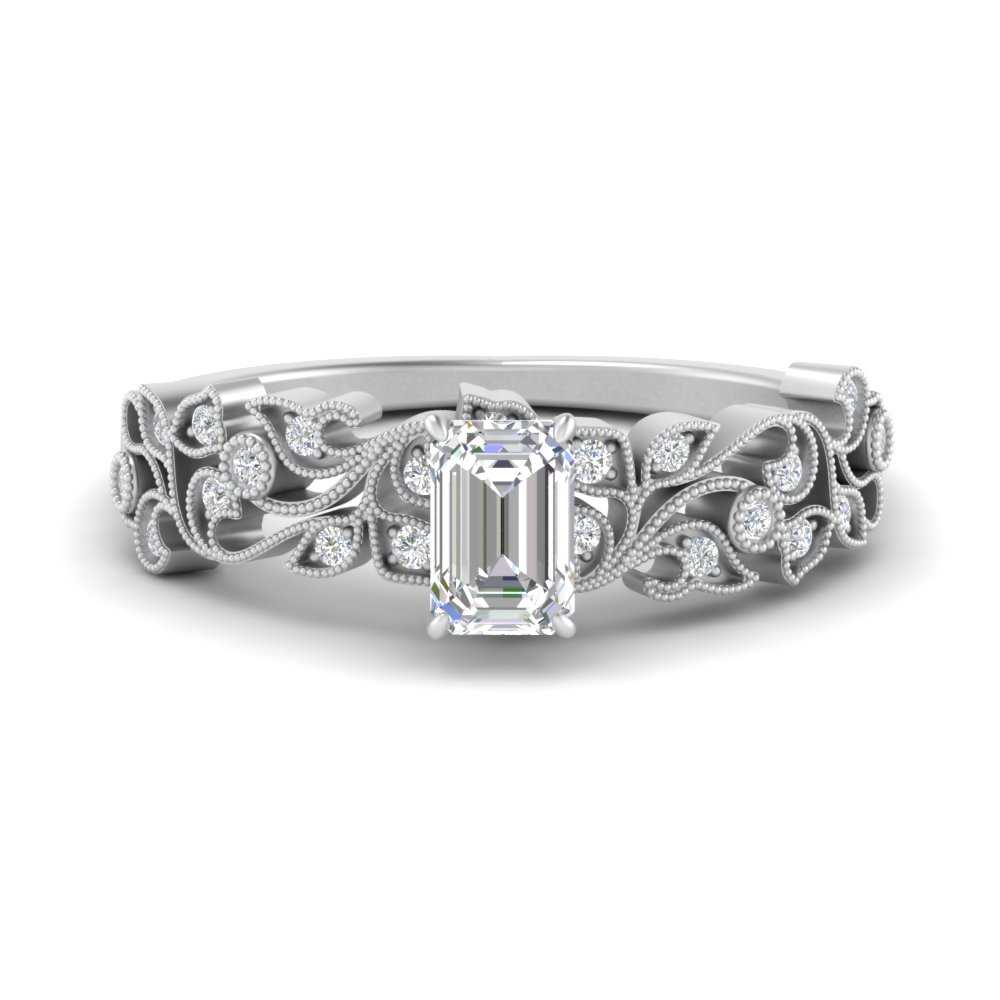 Emerald Cut Filigree Wide Band Engagement Ring