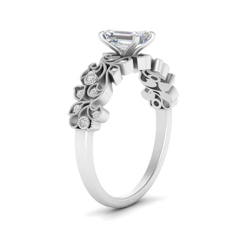 Emerald Cut Filigree Wide Band Engagement Ring