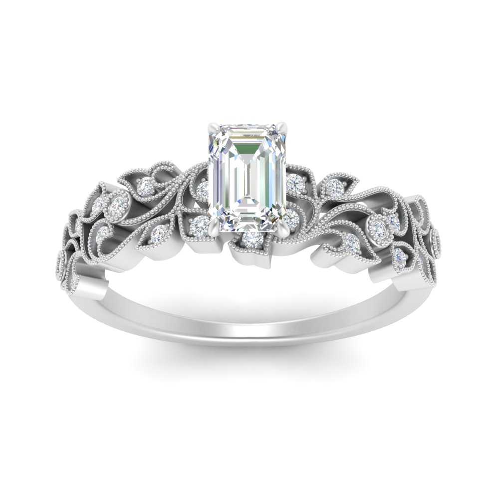 Emerald Cut Filigree Wide Band Engagement Ring