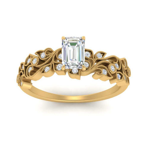 Emerald Cut Filigree Wide Band Engagement Ring