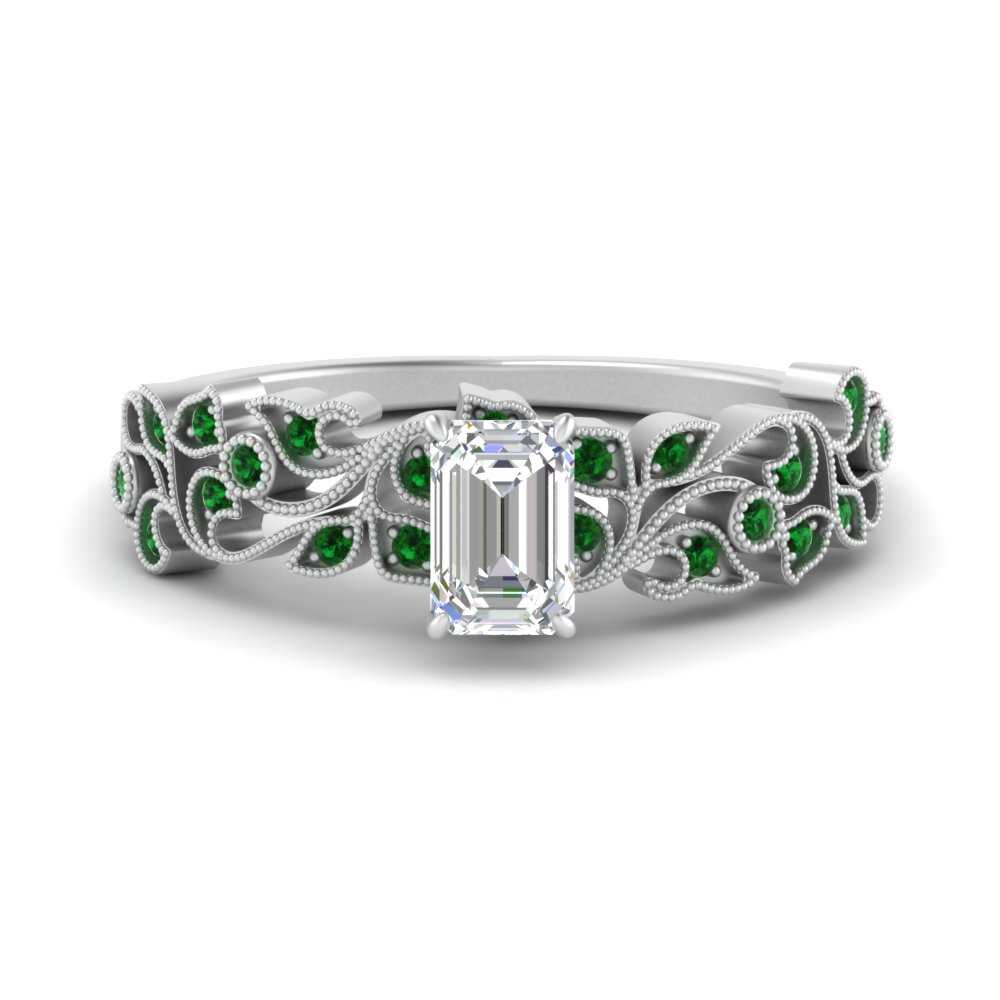 Emerald Cut Filigree Wide Band Engagement Ring