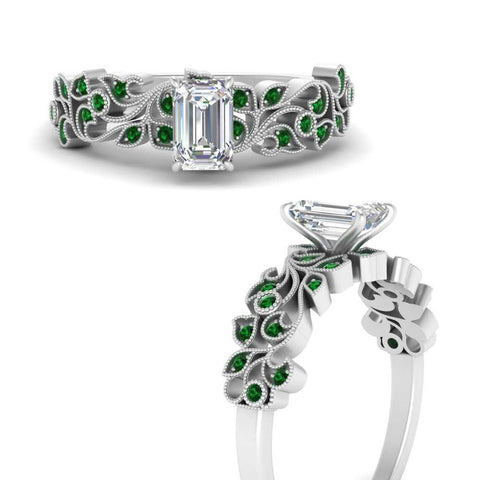 Emerald Cut Filigree Wide Band Engagement Ring
