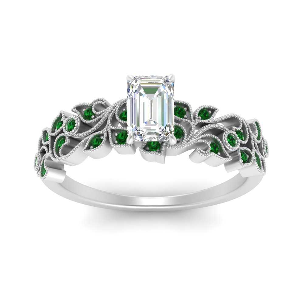 Emerald Cut Filigree Wide Band Engagement Ring