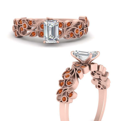 Emerald Cut Filigree Wide Band Engagement Ring