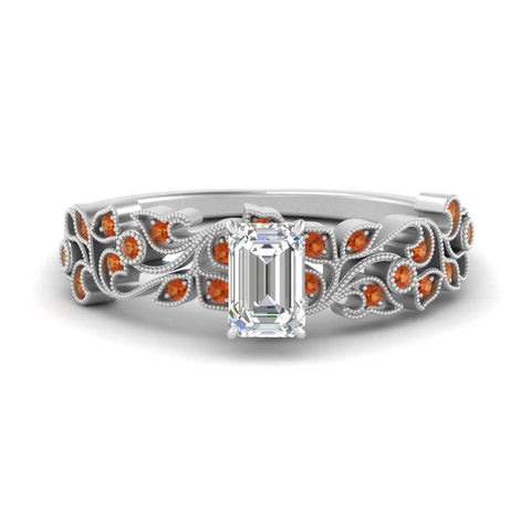 Emerald Cut Filigree Wide Band Engagement Ring