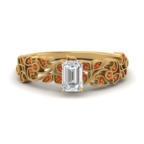 Emerald Cut Filigree Wide Band Engagement Ring