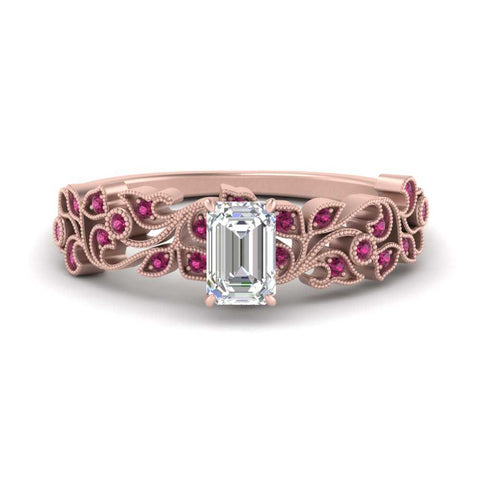 Emerald Cut Filigree Wide Band Engagement Ring