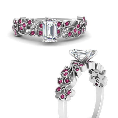 Emerald Cut Filigree Wide Band Engagement Ring