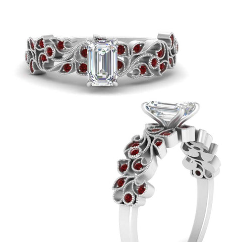 Emerald Cut Filigree Wide Band Engagement Ring