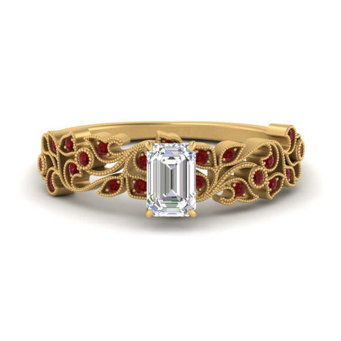 Emerald Cut Filigree Wide Band Engagement Ring