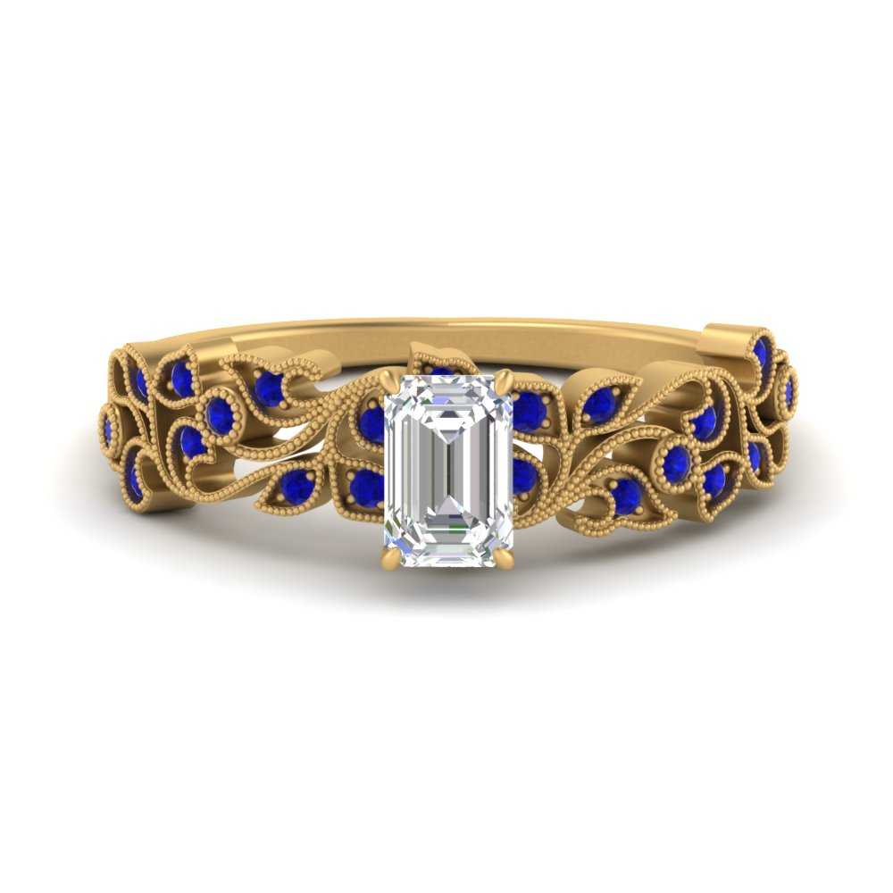 Emerald Cut Filigree Wide Band Engagement Ring