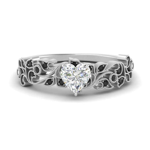 Heart Cut Filigree Wide Band Engagement Ring