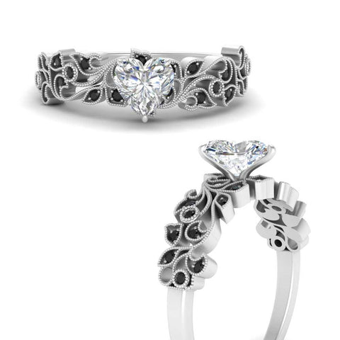 Heart Cut Filigree Wide Band Engagement Ring