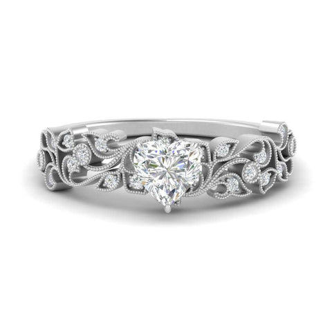 Heart Cut Filigree Wide Band Engagement Ring