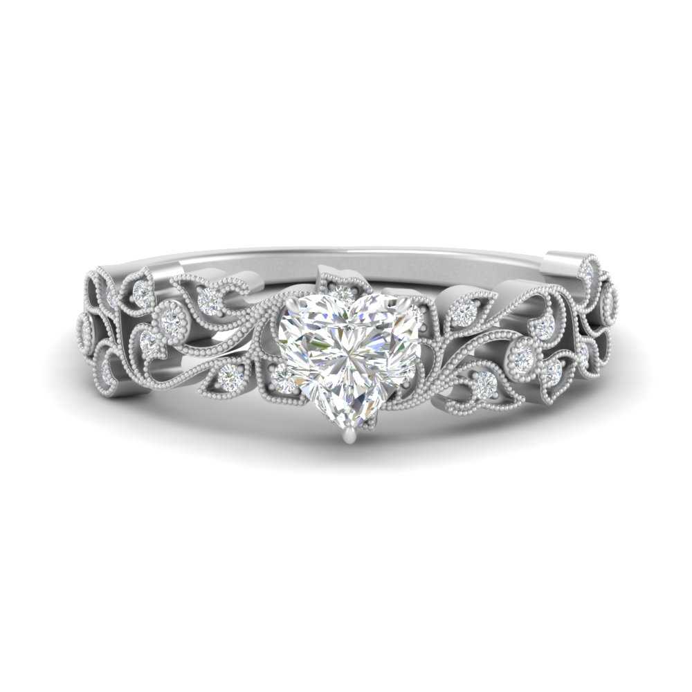 Filigree Wide Band Heart Diamond Ring