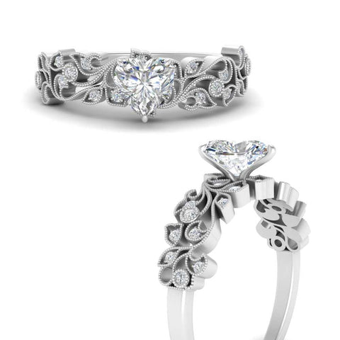 Heart Cut Filigree Wide Band Engagement Ring
