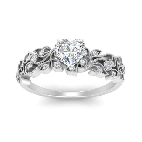 Heart Cut Filigree Wide Band Engagement Ring