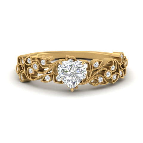 Heart Cut Filigree Wide Band Engagement Ring