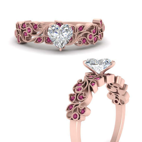 Heart Cut Filigree Wide Band Engagement Ring