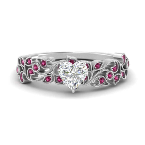 Heart Cut Filigree Wide Band Engagement Ring
