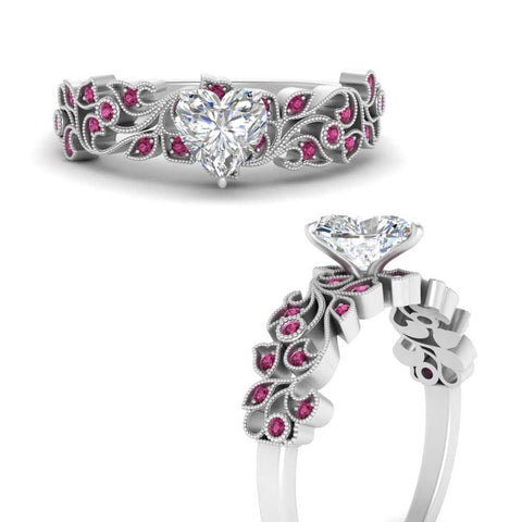 Heart Cut Filigree Wide Band Engagement Ring