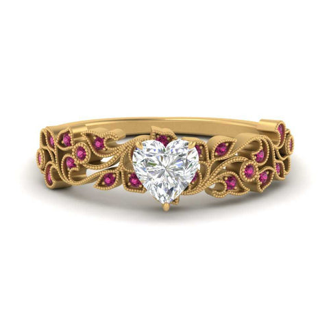 Heart Cut Filigree Wide Band Engagement Ring