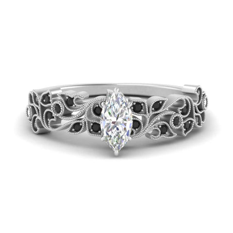 Marquise Cut Filigree Wide Band Engagement Ring