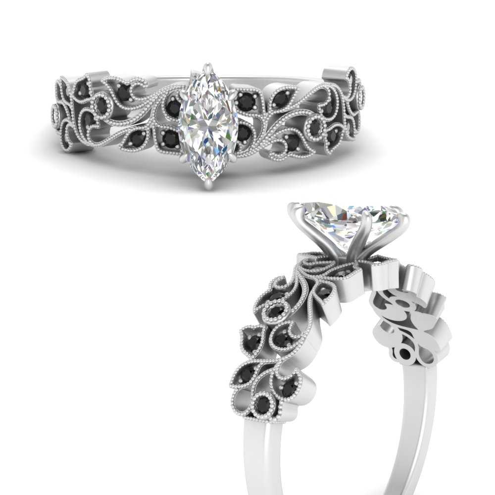 Marquise Cut Filigree Wide Band Engagement Ring