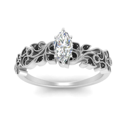 Marquise Cut Filigree Wide Band Engagement Ring