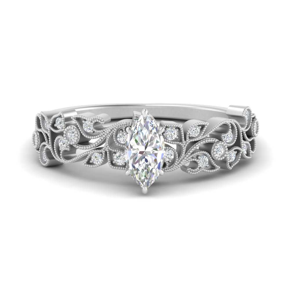 Marquise Cut Filigree Wide Band Engagement Ring