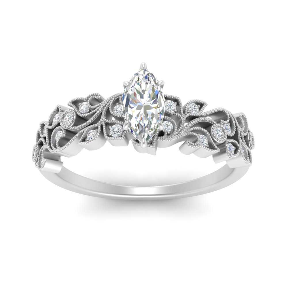 Marquise Cut Filigree Wide Band Engagement Ring