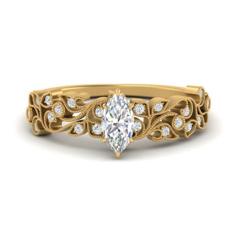 Marquise Cut Filigree Wide Band Engagement Ring