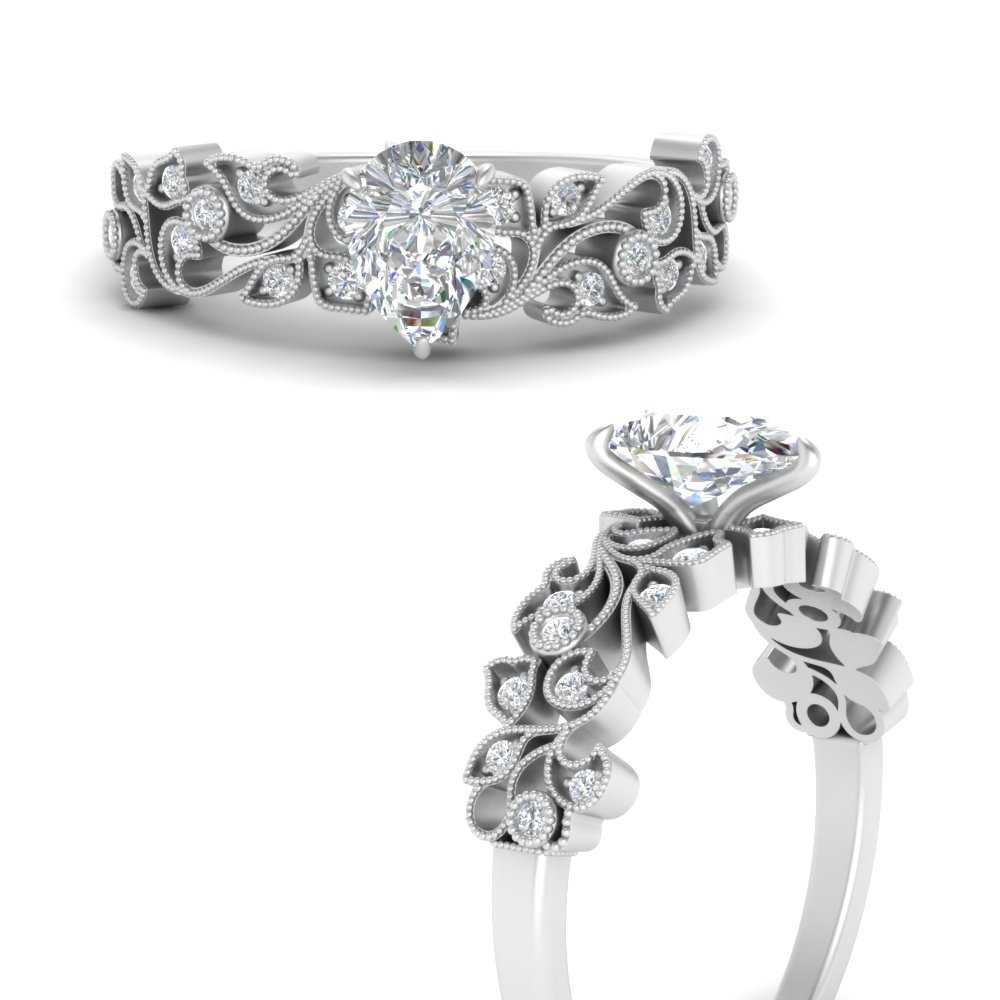 Filigree Wide Band Pear Diamond Ring