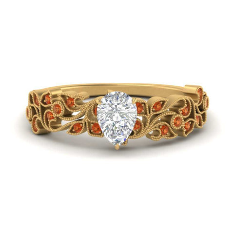 Pear Shaped Filigree Wide Band Engagement Ring