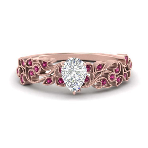 Pear Shaped Filigree Wide Band Engagement Ring