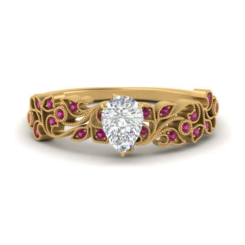Pear Shaped Filigree Wide Band Engagement Ring