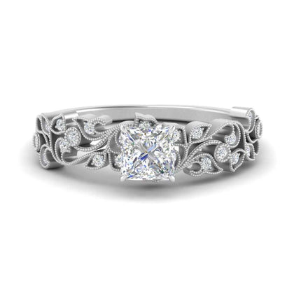 Lab Grown Princess Cut Filigree Wide Band Engagement Ring