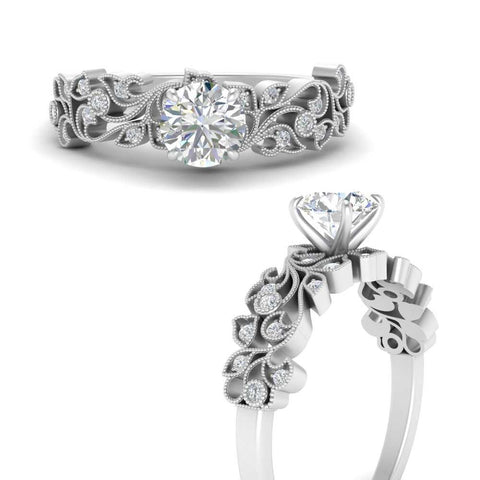 Round Cut Filigree Wide Band Engagement Ring