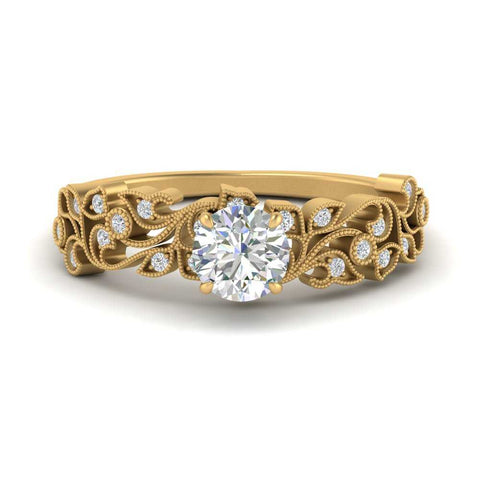 Round Cut Filigree Wide Band Engagement Ring