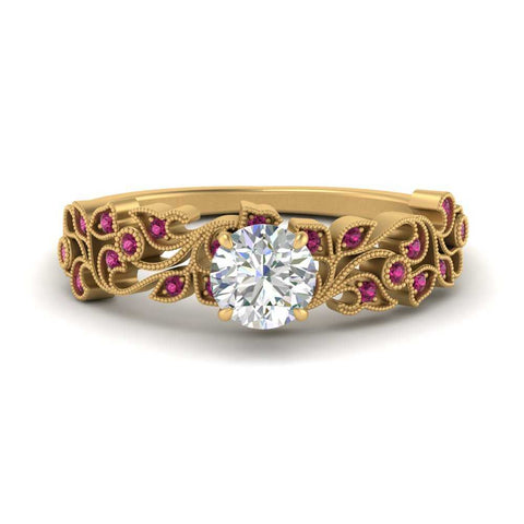 Round Cut Filigree Wide Band Engagement Ring