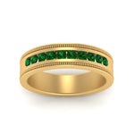 Load image into Gallery viewer, flat-milgrain-mens-emerald-wedding-band-in-yellow-gold-FD10390BGEMGRANGLE5-NL-YG
