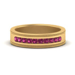 Load image into Gallery viewer, flat-milgrain-mens-pink-sapphire-wedding-band-in-yellow-gold-FD10390BGSADRPI-NL-YG
