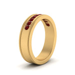Load image into Gallery viewer, flat-milgrain-mens-ruby-wedding-band-in-yellow-gold-FD10390BGRUDRANGLE2-NL-YG
