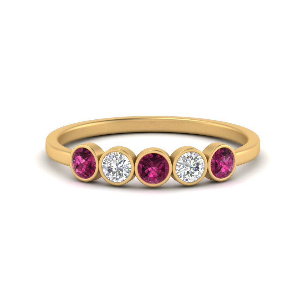 half-carat-bezel-set-5-round-pink-sapphire-wedding-ring-in-FD10558B-0.10CTGSADRPI-NL-YG