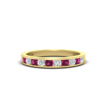 Load image into Gallery viewer, half-carat-channel-set-diamond-wedding-band-with-pink-sapphire-in-yellow-gold-FDWB5242ROGSADRPI-0.50CT-NL-YG
