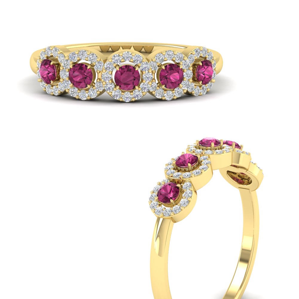 half-carat-classic-5-stone-round-halo-diamond-wedding-band-with-pink-sapphire-in-yellow-gold-FD11137BGSADRPI-NL-YG